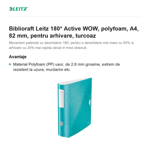 Biblioraft Leitz 180° Active WOW, polyfoam, A4, 82 mm, pentru arhivare, turcoaz [1]