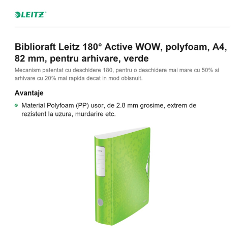 Biblioraft Leitz 180° Active WOW, polyfoam, A4, 82 mm, pentru arhivare, verde [1]