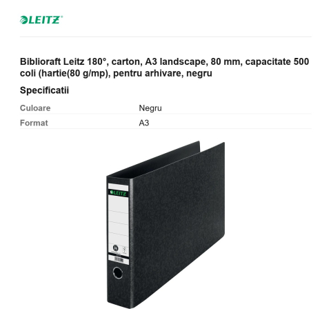 Biblioraft Leitz 180°, carton, A3 landscape, 80 mm, capacitate 500 coli (hartie(80 g/mp), pentru arhivare, negru [2]