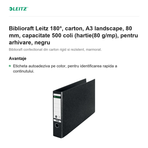 Biblioraft Leitz 180°, carton, A3 landscape, 80 mm, capacitate 500 coli (hartie(80 g/mp), pentru arhivare, negru [1]