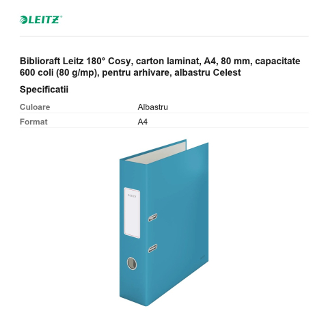 Biblioraft Leitz 180° Cosy, carton laminat, A4, 80 mm, capacitate 600 coli (80 g/mp), pentru arhivare, albastru Celest [2]