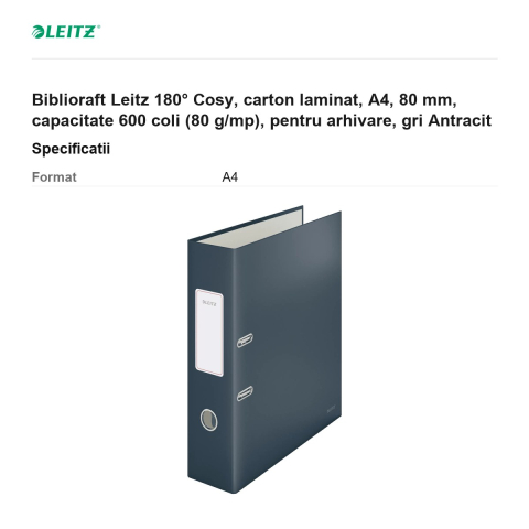 Biblioraft Leitz 180° Cosy, carton laminat, A4, 80 mm, capacitate 600 coli (80 g/mp), pentru arhivare, gri Antracit [2]
