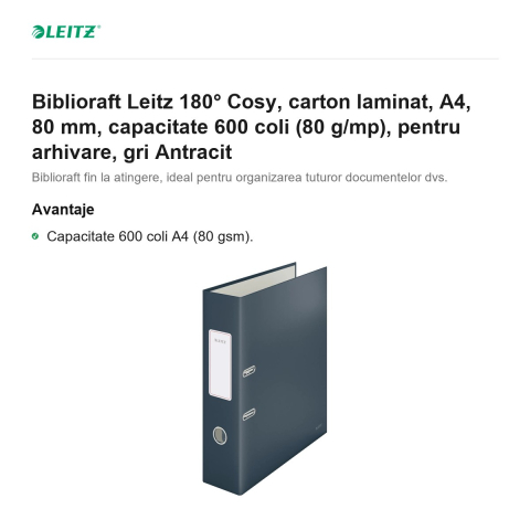 Biblioraft Leitz 180° Cosy, carton laminat, A4, 80 mm, capacitate 600 coli (80 g/mp), pentru arhivare, gri Antracit [1]