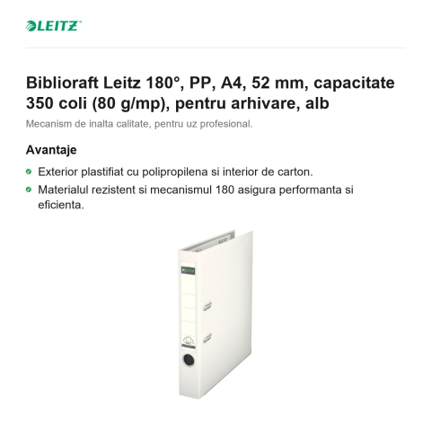 Biblioraft Leitz 180°, PP, A4, 52 mm, capacitate 350 coli (80 g/mp), pentru arhivare, alb [1]