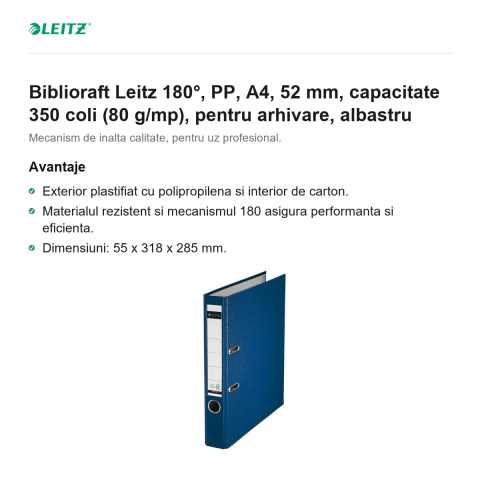 Biblioraft Leitz 180°, PP, A4, 52 mm, capacitate 350 coli (80 g/mp), pentru arhivare, albastru [1]