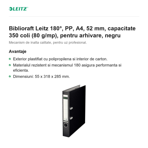 Biblioraft Leitz 180°, PP, A4, 52 mm, capacitate 350 coli (80 g/mp), pentru arhivare, negru [1]