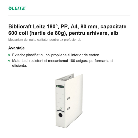 Biblioraft Leitz 180°, PP, A4, 80 mm, capacitate 600 coli (hartie de 80g), pentru arhivare, alb [1]