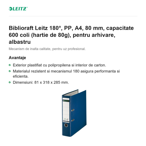 Biblioraft Leitz 180°, PP, A4, 80 mm, capacitate 600 coli (hartie de 80g), pentru arhivare, albastru [1]