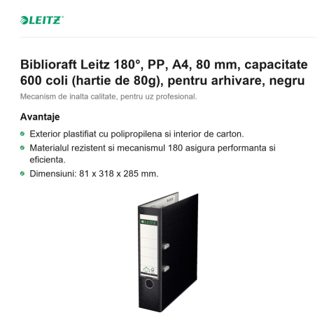 Biblioraft Leitz 180°, PP, A4, 80 mm, capacitate 600 coli (hartie de 80g), pentru arhivare, negru [1]