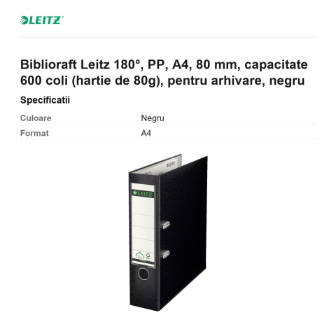 Biblioraft Leitz 180°, PP, A4, 80 mm, capacitate 600 coli (hartie de 80g), pentru arhivare, negru [2]