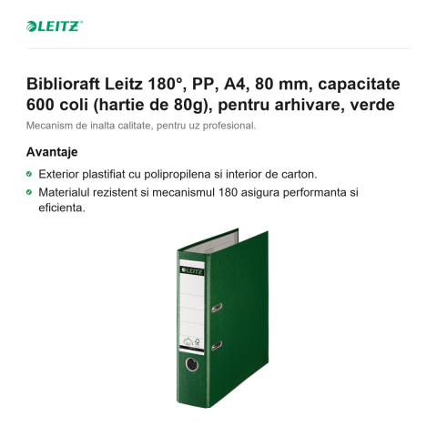 Biblioraft Leitz 180°, PP, A4, 80 mm, capacitate 600 coli (hartie de 80g), pentru arhivare, verde [1]