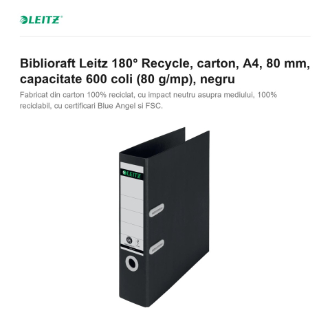 Biblioraft Leitz 180° Recycle, carton, A4, 80 mm, capacitate 600 coli (80 g/mp), negru [1]