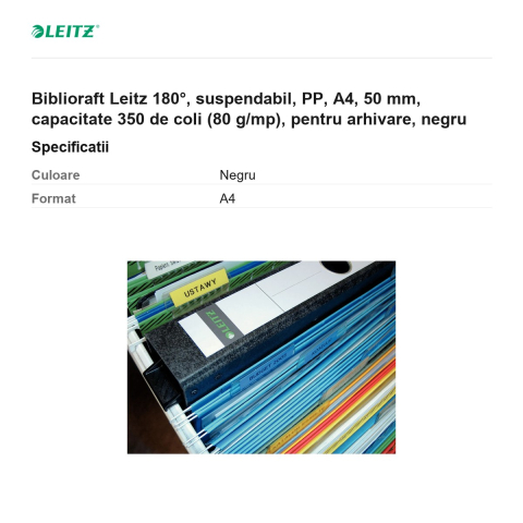Biblioraft Leitz 180°, suspendabil, PP, A4, 50 mm, capacitate 350 de coli (80 g/mp), pentru arhivare, negru [2]