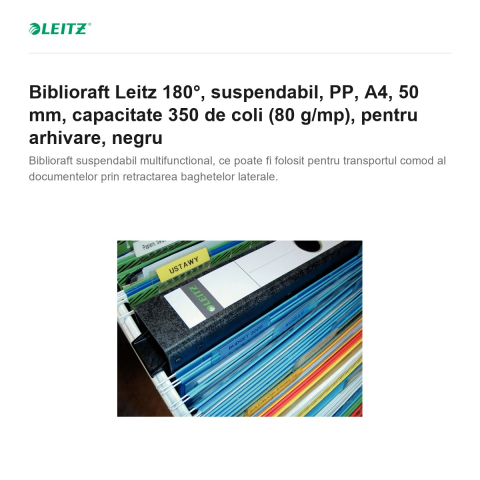 Biblioraft Leitz 180°, suspendabil, PP, A4, 50 mm, capacitate 350 de coli (80 g/mp), pentru arhivare, negru [1]