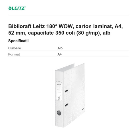 Biblioraft Leitz 180° WOW, carton laminat, A4, 52 mm, capacitate 350 coli (80 g/mp), alb [2]