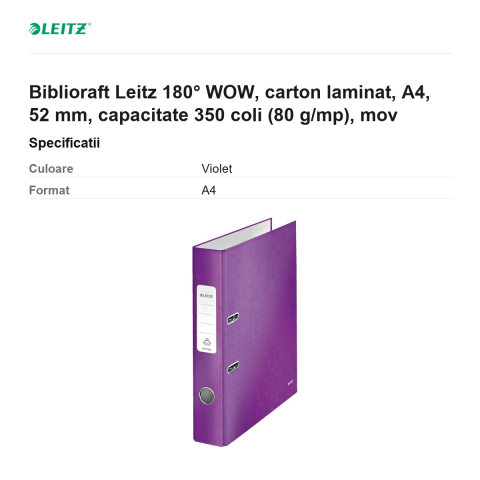 Biblioraft Leitz 180° WOW, carton laminat, A4, 52 mm, capacitate 350 coli (80 g/mp), mov [2]