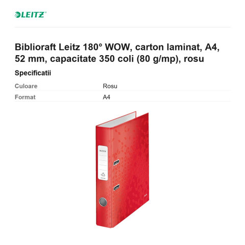 Biblioraft Leitz 180° WOW, carton laminat, A4, 52 mm, capacitate 350 coli (80 g/mp), rosu [2]