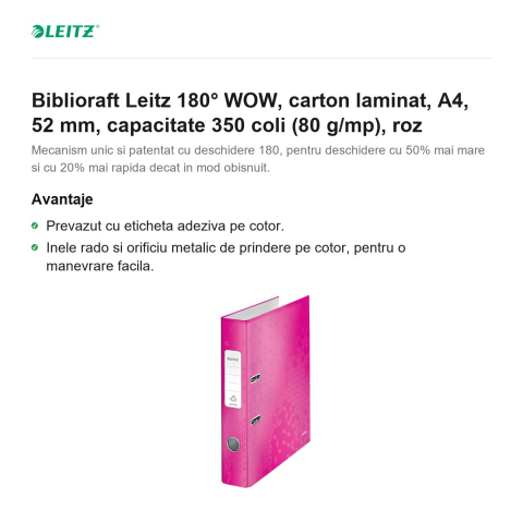 Biblioraft Leitz 180° WOW, carton laminat, A4, 52 mm, capacitate 350 coli (80 g/mp), roz [1]