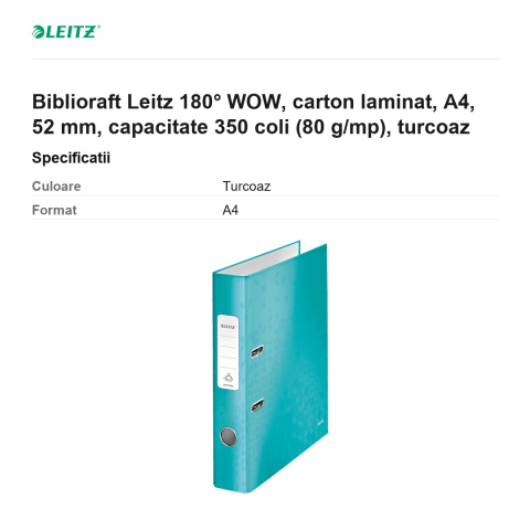Biblioraft Leitz 180° WOW, carton laminat, A4, 52 mm, capacitate 350 coli (80 g/mp), turcoaz [2]