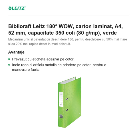 Biblioraft Leitz 180° WOW, carton laminat, A4, 52 mm, capacitate 350 coli (80 g/mp), verde [1]