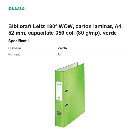 Biblioraft Leitz 180° WOW, carton laminat, A4, 52 mm, capacitate 350 coli (80 g/mp), verde [2]