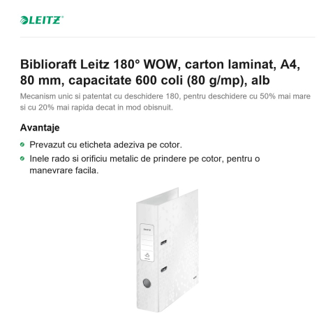 Biblioraft Leitz 180° WOW, carton laminat, A4, 80 mm, capacitate 600 coli (80 g/mp), alb [1]