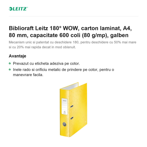 Biblioraft Leitz 180° WOW, carton laminat, A4, 80 mm, capacitate 600 coli (80 g/mp), galben [1]