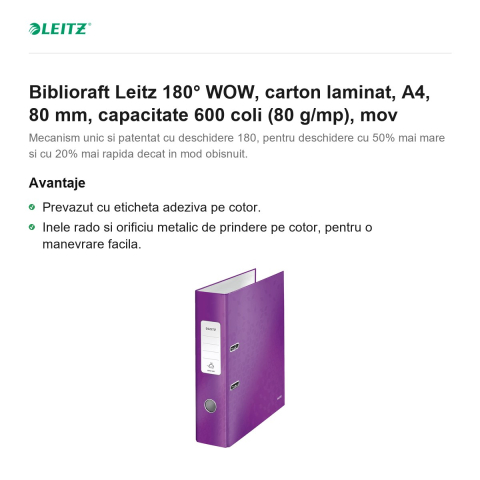 Biblioraft Leitz 180° WOW, carton laminat, A4, 80 mm, capacitate 600 coli (80 g/mp), mov [1]