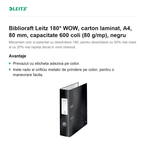 Biblioraft Leitz 180° WOW, carton laminat, A4, 80 mm, capacitate 600 coli (80 g/mp), negru [1]