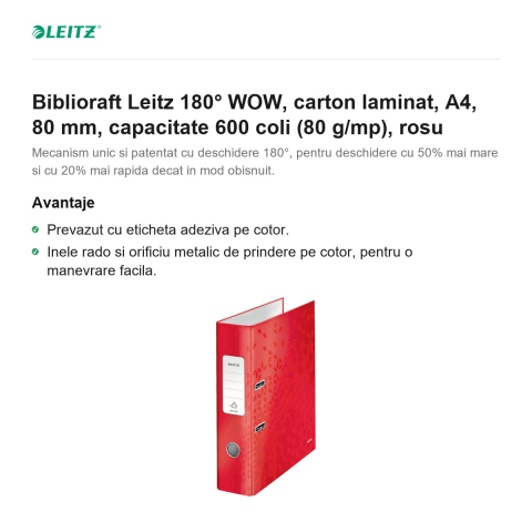 Biblioraft Leitz 180° WOW, carton laminat, A4, 80 mm, capacitate 600 coli (80 g/mp), rosu [1]