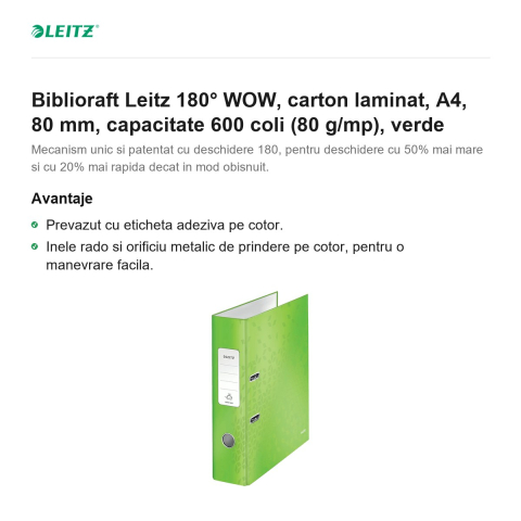 Biblioraft Leitz 180° WOW, carton laminat, A4, 80 mm, capacitate 600 coli (80 g/mp), verde [1]