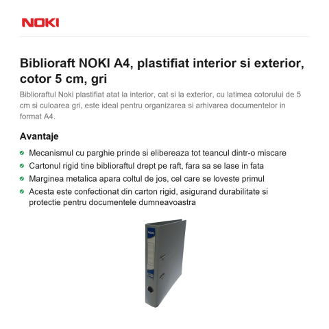 Biblioraft NOKI A4, plastifiat interior si exterior, cotor 5 cm, gri [1]