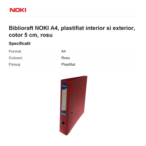 Biblioraft NOKI A4, plastifiat interior si exterior, cotor 5 cm, rosu [2]