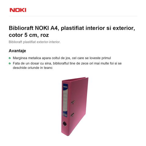 Biblioraft NOKI A4, plastifiat interior si exterior, cotor 5 cm, roz [1]