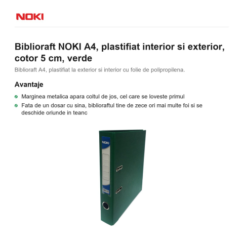 Biblioraft NOKI A4, plastifiat interior si exterior, cotor 5 cm, verde [1]