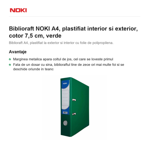 Biblioraft NOKI A4, plastifiat interior si exterior, cotor 7,5 cm, verde [1]
