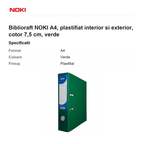Biblioraft NOKI A4, plastifiat interior si exterior, cotor 7,5 cm, verde [2]