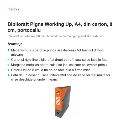 Biblioraft Pigna Working Up, A4, din carton, 8 cm, portocaliu [1]
