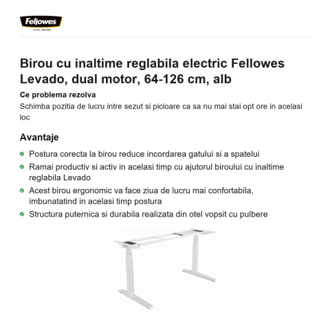 Birou cu inaltime reglabila electric Fellowes Levado, dual motor, 64-126 cm, alb [1]