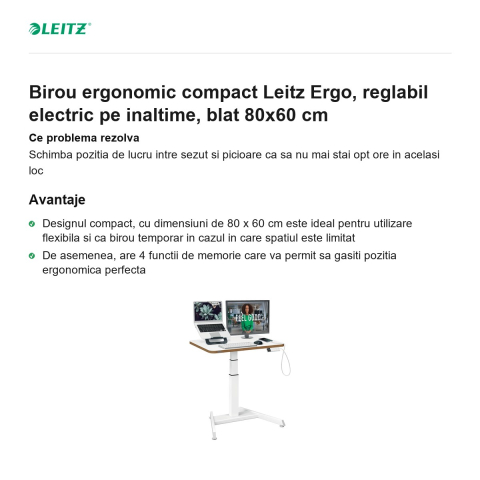 Birou ergonomic compact Leitz Ergo, reglabil electric pe inaltime, blat 80x60 cm [1]