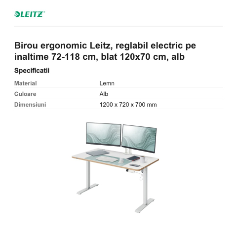 Birou ergonomic Leitz, reglabil electric pe inaltime 72-118 cm, blat 120x70 cm, alb [2]