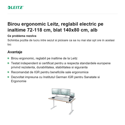 Birou ergonomic Leitz, reglabil electric pe inaltime 72-118 cm, blat 140x80 cm, alb [1]