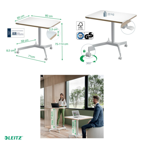 Birou ergonomic mobil Leitz Ergo, reglabil pneumatic pe inaltime 75-114 cm, blat 80x60 cm [4]