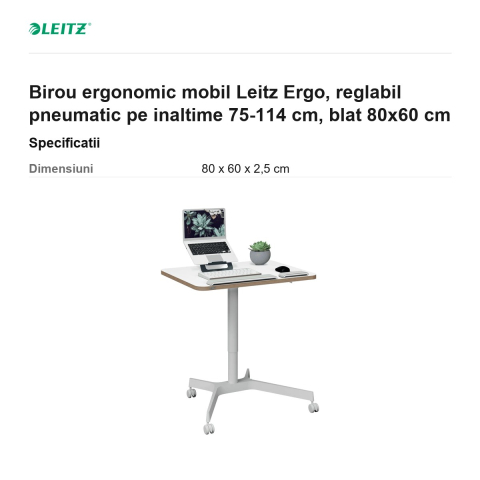 Birou ergonomic mobil Leitz Ergo, reglabil pneumatic pe inaltime 75-114 cm, blat 80x60 cm [2]