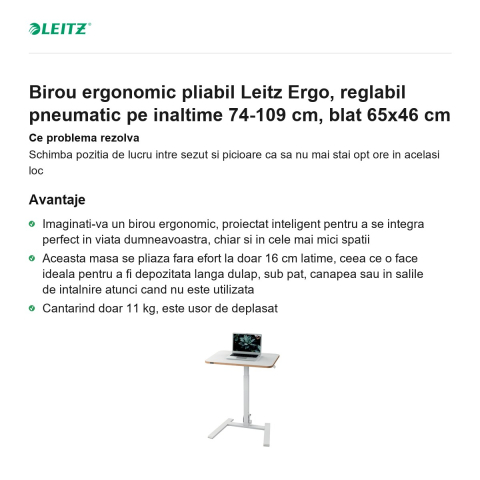 Birou ergonomic pliabil Leitz Ergo, reglabil pneumatic pe inaltime 74-109 cm, blat 65x46 cm [1]