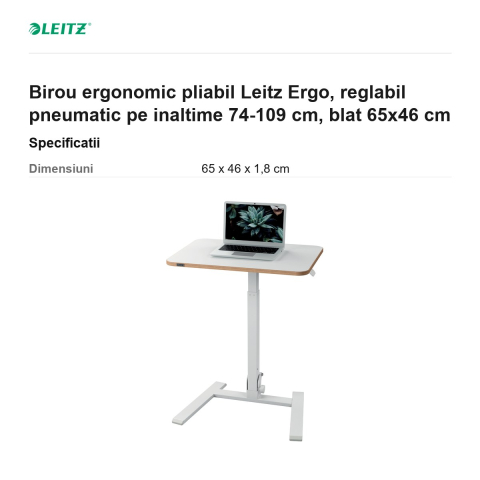 Birou ergonomic pliabil Leitz Ergo, reglabil pneumatic pe inaltime 74-109 cm, blat 65x46 cm [2]