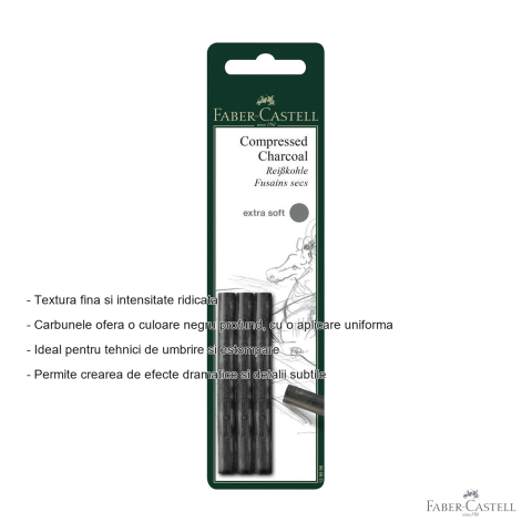 Blister 3 buc carbune presat Faber-Castell Pitt Monochrome Extra-Soft, negru intens, pentru artisti [1]