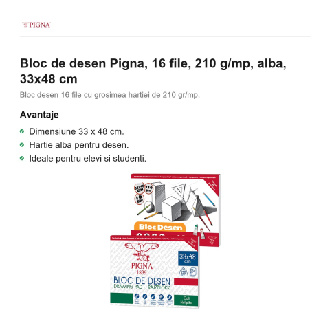 Bloc de desen Pigna, 16 file, 210 g/mp, alba, 33x48 cm [1]