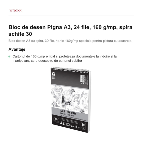Bloc de desen Pigna A3, 30 file, 160 g/mp, spira schite [1]
