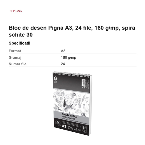 Bloc de desen Pigna A3, 30 file, 160 g/mp, spira schite [2]